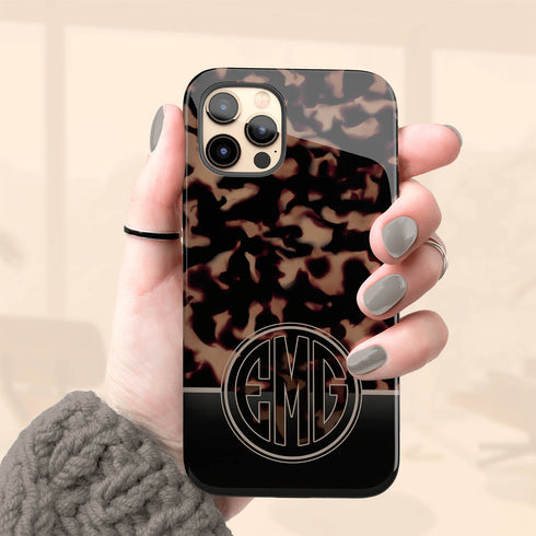 Dark Tortoiseshell Round Monogram iPhone Case
